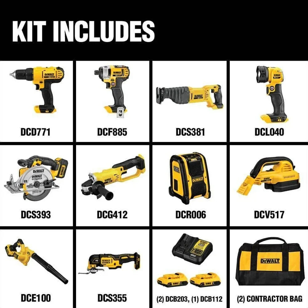 DEWALT 20V MAX 10-Tool Combo Kit With Batteries And Charger - DCD771 DCF885 DCE100 DCL040 DCR006 DCS355B DCG412B DCS393B DCS381B DCV517B