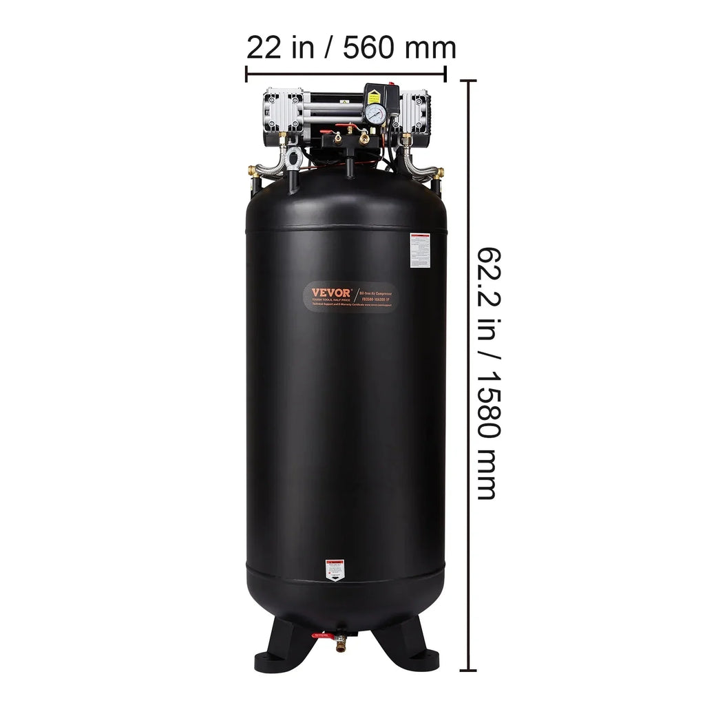 VEVOR 80 Gallon Oil-Free Air Compressor, 6.5 HP, 15.5 SCFM at 90 PSI, 145 PSI - FB3500-10A300-1P