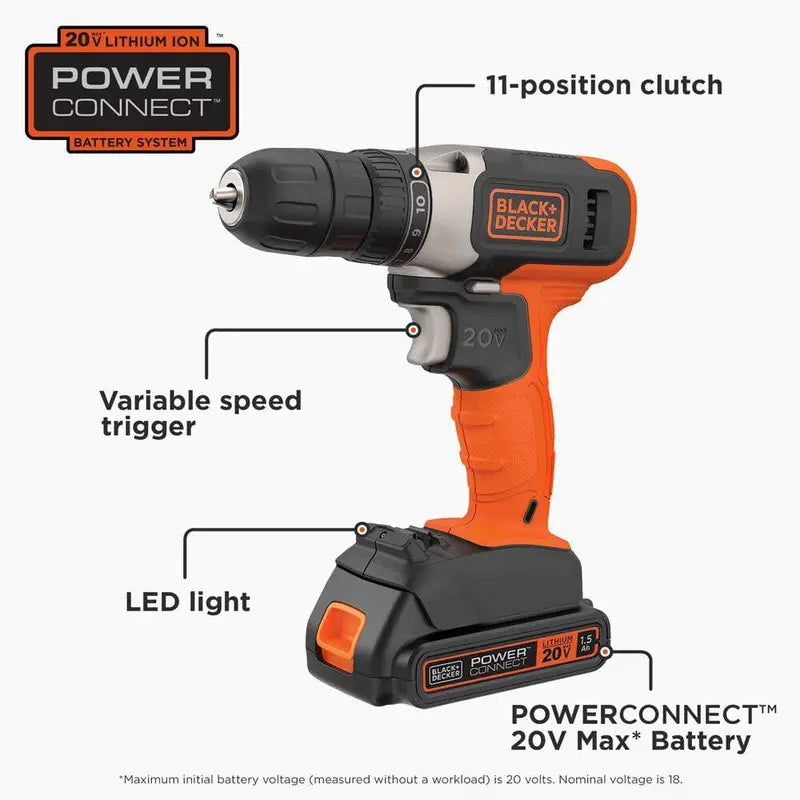 BLACK+DECKER 20V Lithium-Ion Cordless 3/8 in Drill/Driver With 1.5Ah Battery And Charger - BCD702C1