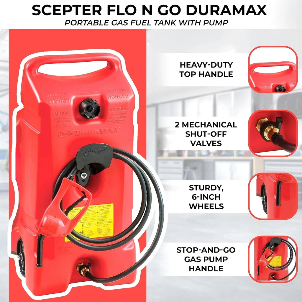 Scepter Flo N' Go DuraMax 14 Gallon Portable Fuel Tank With Pump, 2 Pack, Red