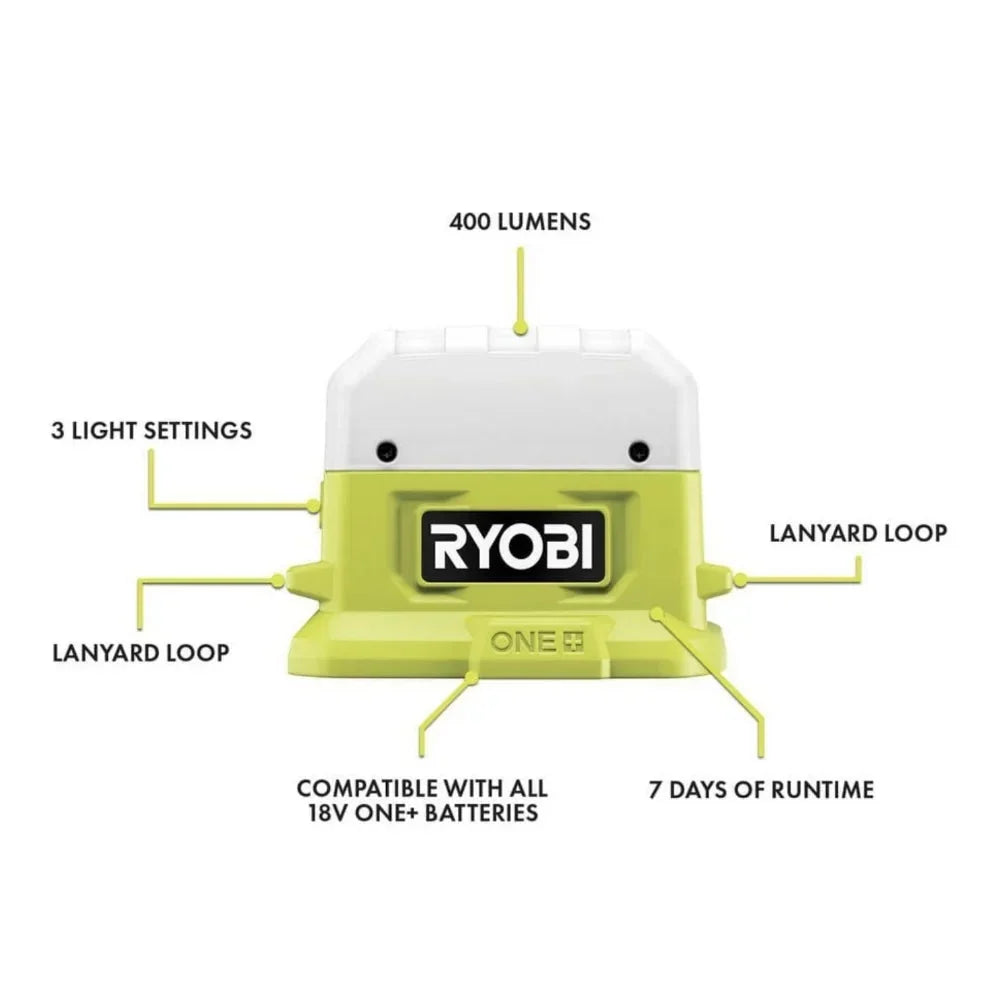Ryobi 18V ONE+ 3-Tool Camping Kit With Area Light, Bluetooth Speaker, 4 in Clamp Fan, 1.5 Ah Battery, Charger And 16 in Buho Tool Bag