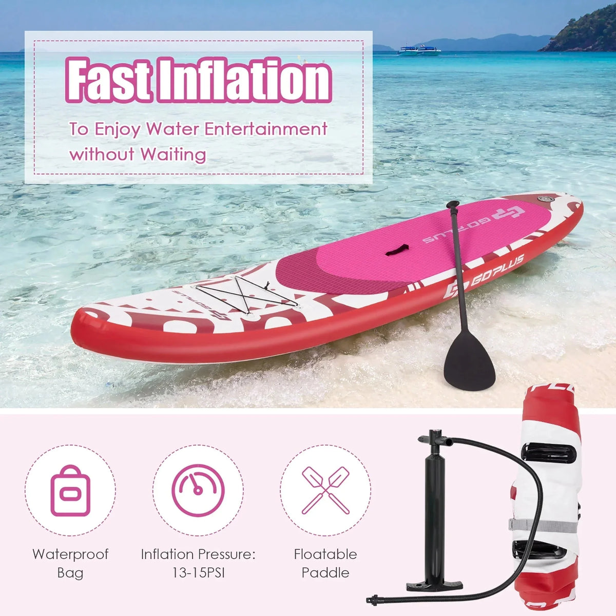 Goplus Inflatable Stand-Up Paddle Board 10.5 x 30 x 6 - Pink