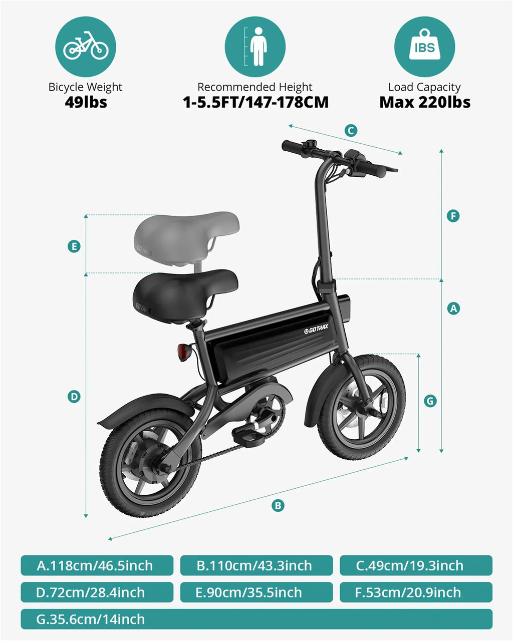GOTRAX Folding Electric Bike For Adults And Teens, 14 inch, 250W, 15.5 mph, 15 Miles, Black - S2
