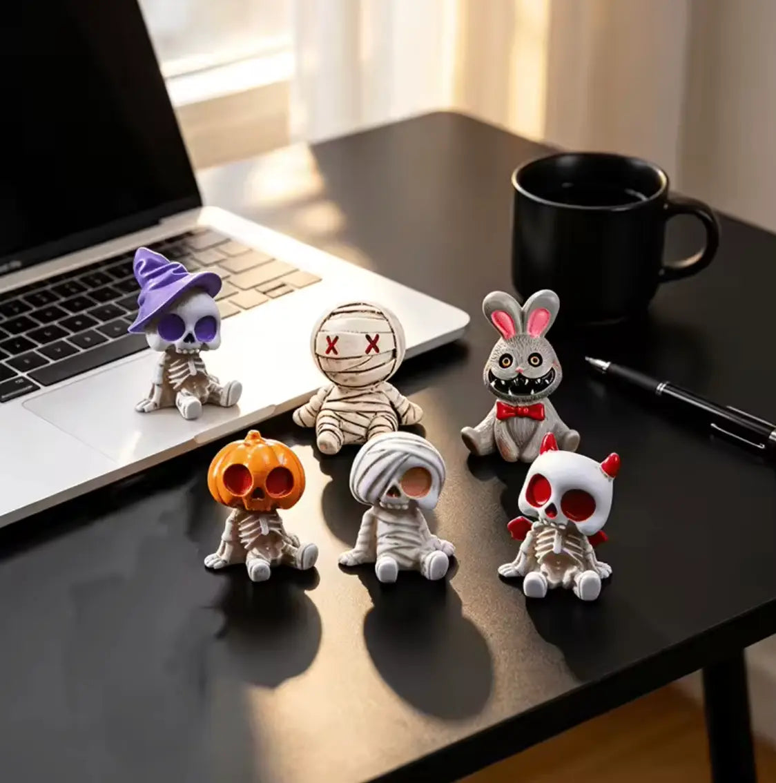 BoneyBunch™ Mini Skeleton Figurine Set - 6-Piece Halloween Resin Statues
