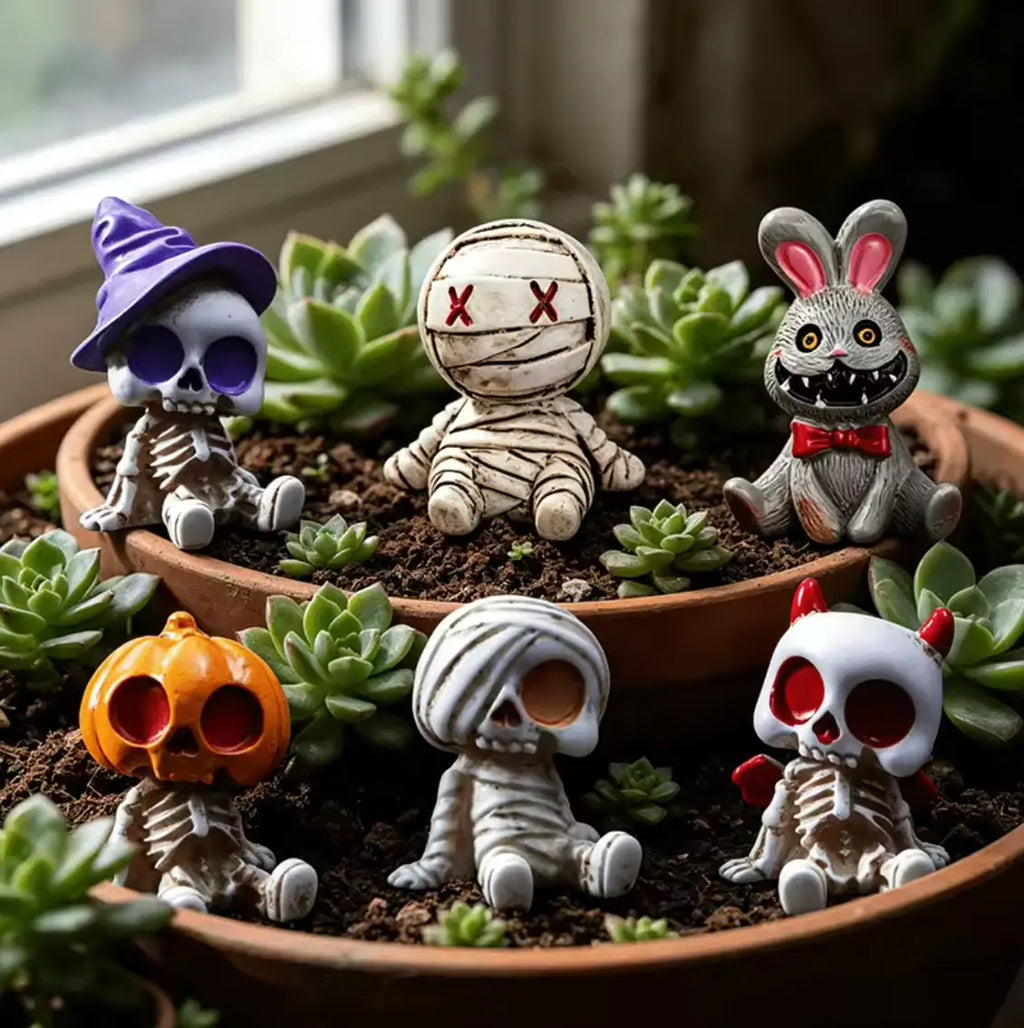 BoneyBunch™ Mini Skeleton Figurine Set - 6-Piece Halloween Resin Statues