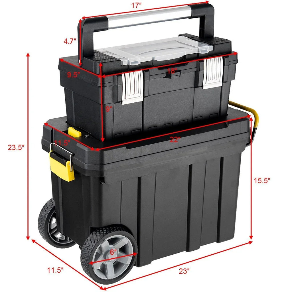 2-in-1 Rolling Plastic Toolbox Set With 6-Inch Wheels, Black