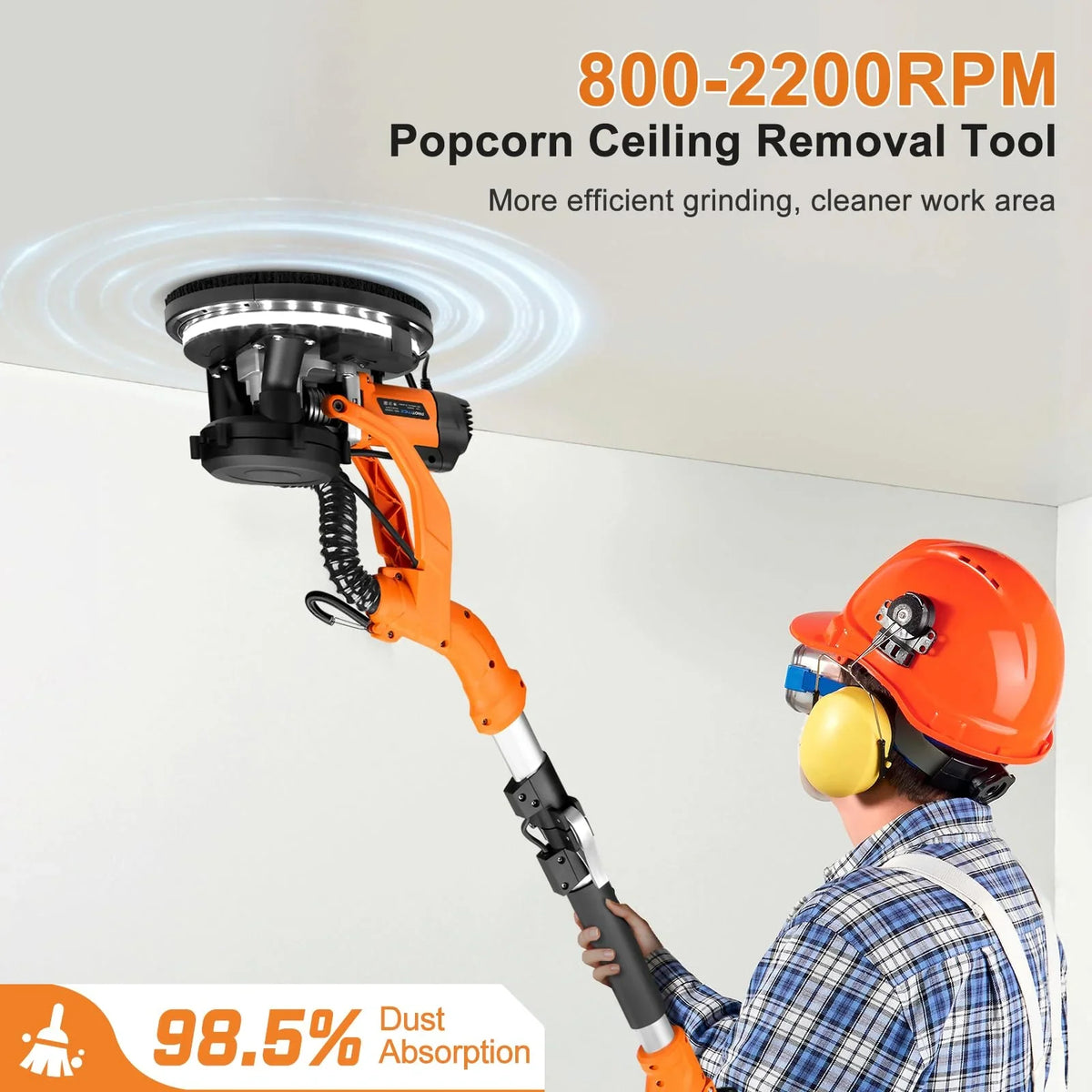 1000W Electric Drywall Sander With 4.9 Ft To 6.2 Ft Extension Pole And 15 Sanding Discs
