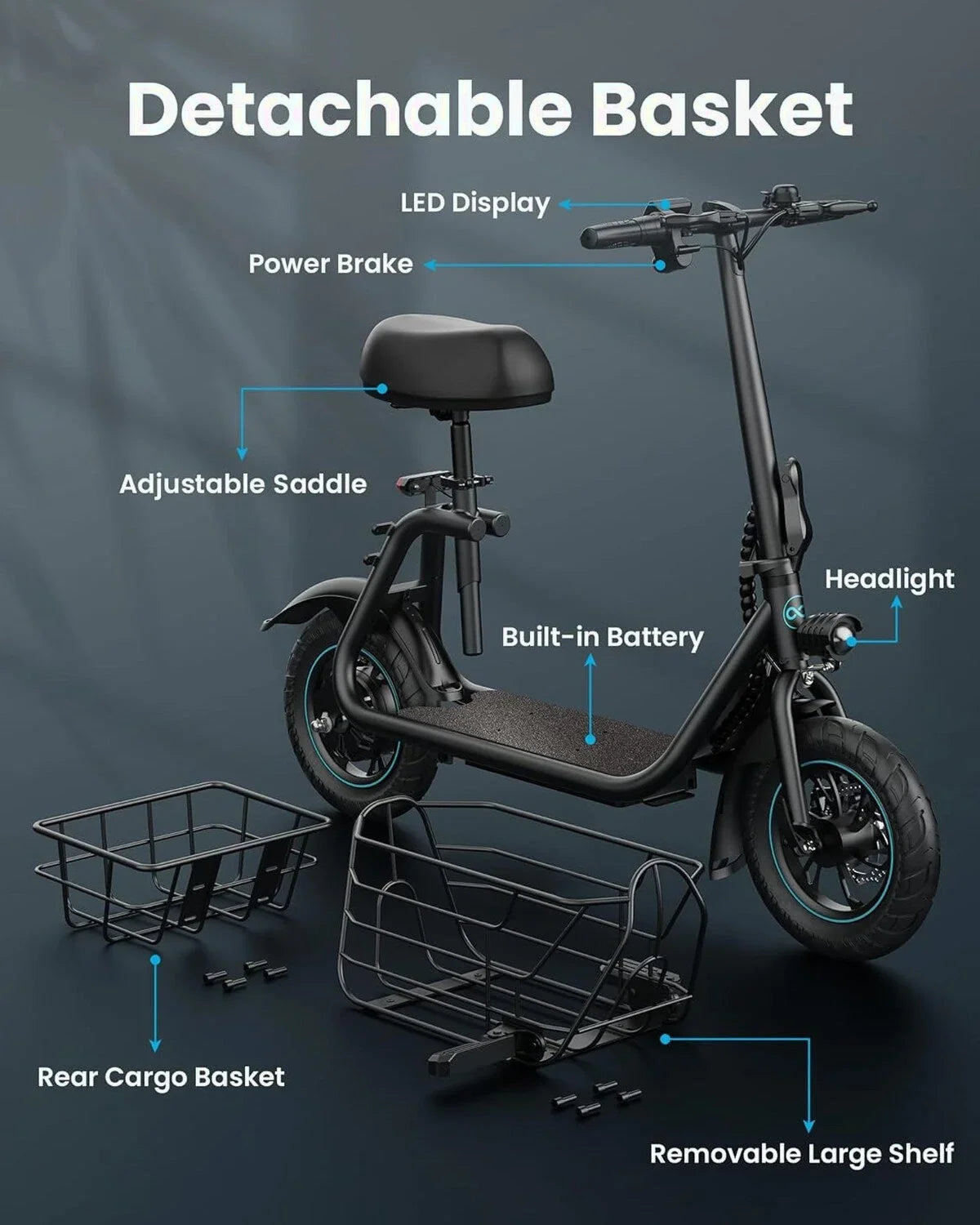 Gyroor Electric Scooter With Basket And Seat, 550W, 20 Mile Range, Black-FP9 - C1S