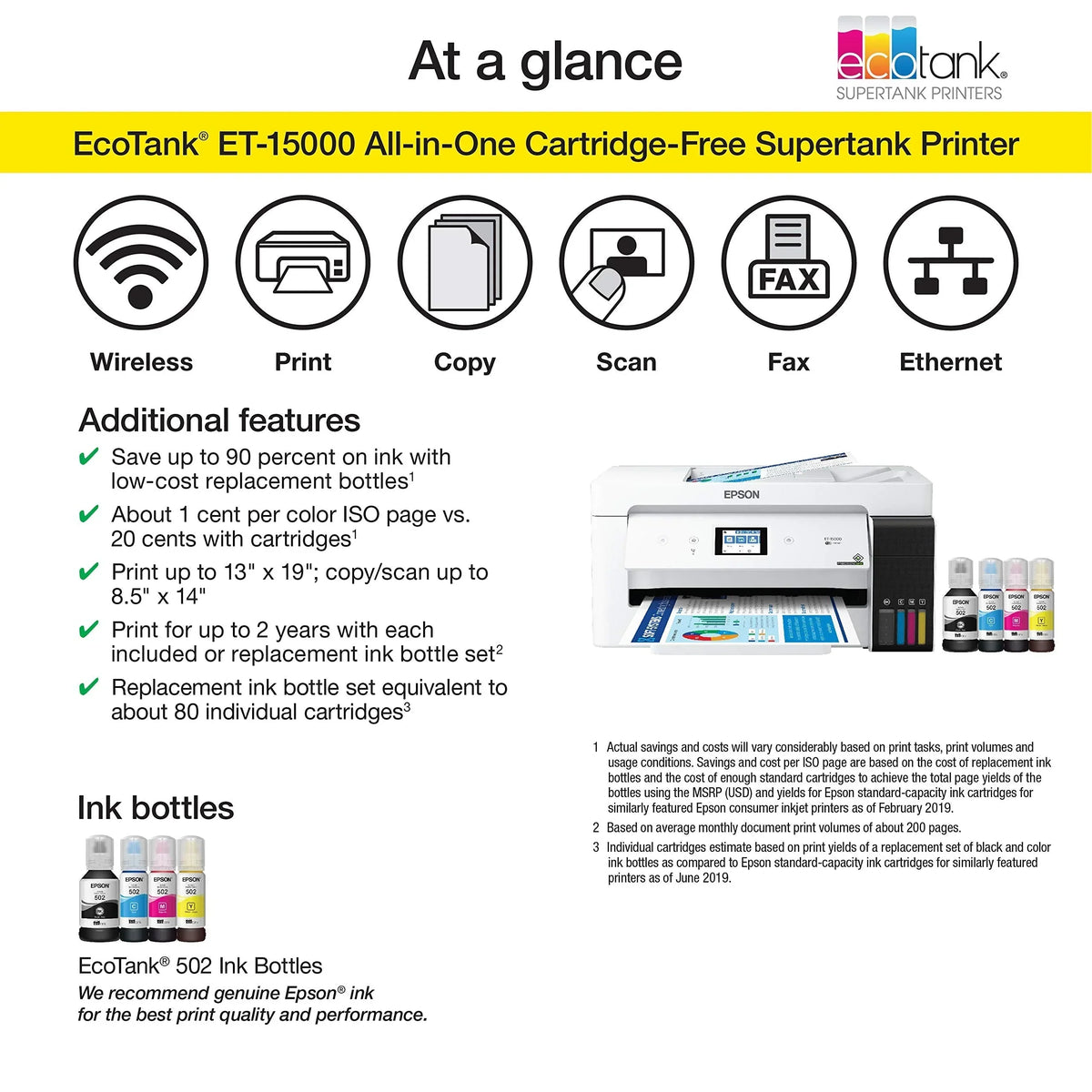Epson EcoTank Wireless Color All-In-One Supertank Printer With Scanner, Copier, Fax And Ethernet - ET-15000
