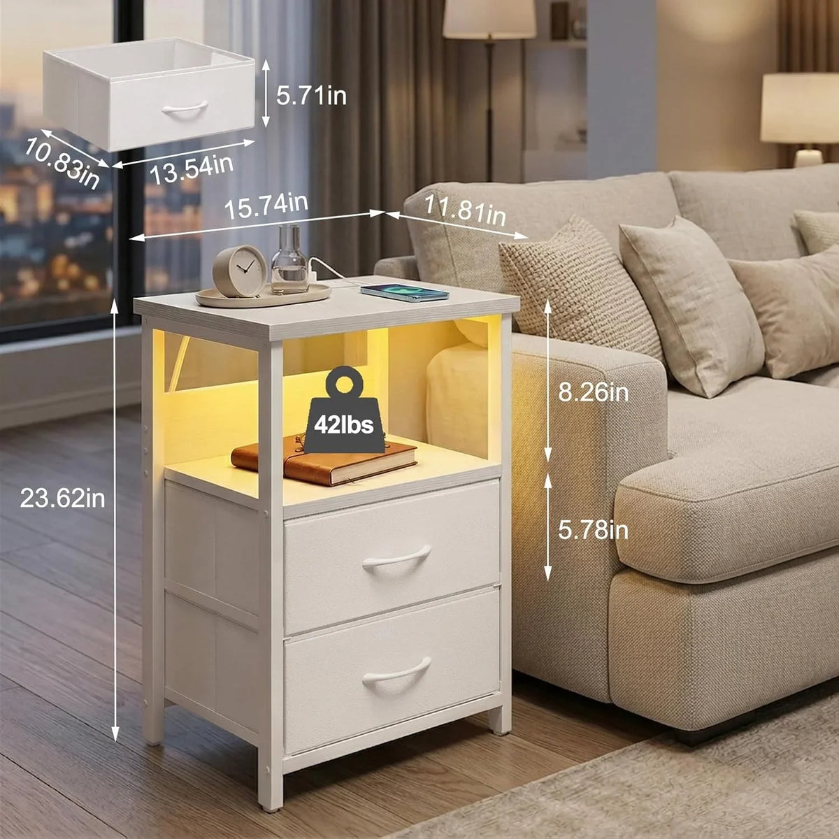 White LED Nightstand with Charging Station, 2 Fabric Drawers & Open Shelf