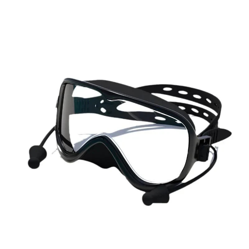 Silicone Large-Frame Swimming Goggles With Cap Set, Black - Clear Lens