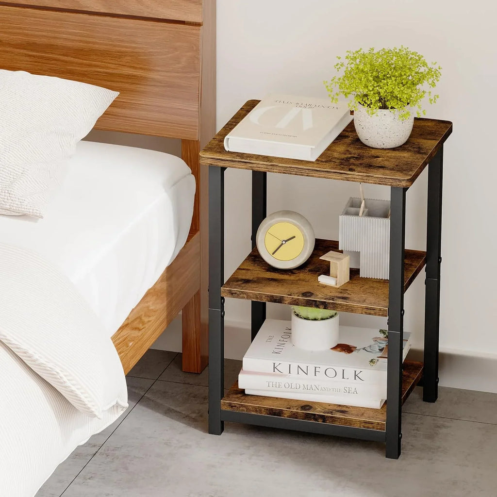 Rustic Brown Nightstand with Charging Station, 2 Fabric Drawers & Open Shelves