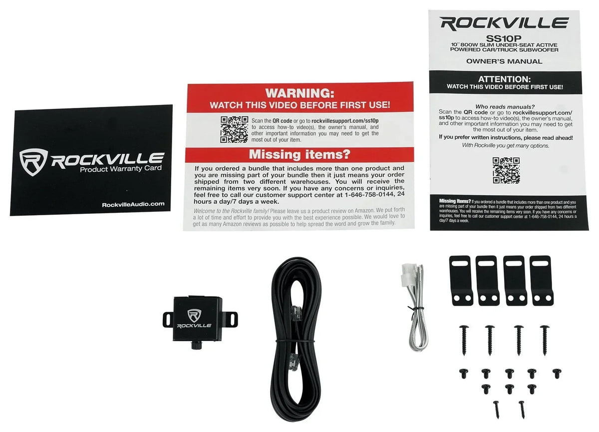 Rockville Slim Under-Seat Powered Car Subwoofer And Amp Installation Kit, 10in 800W - SS10P/RWK81