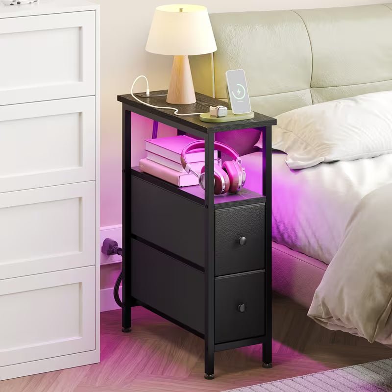 Narrow Nightstand with Charging Station & 2 Fabric Drawers | Fixwal