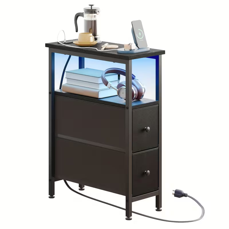 Narrow Nightstand with Charging Station & 2 Fabric Drawers | Fixwal