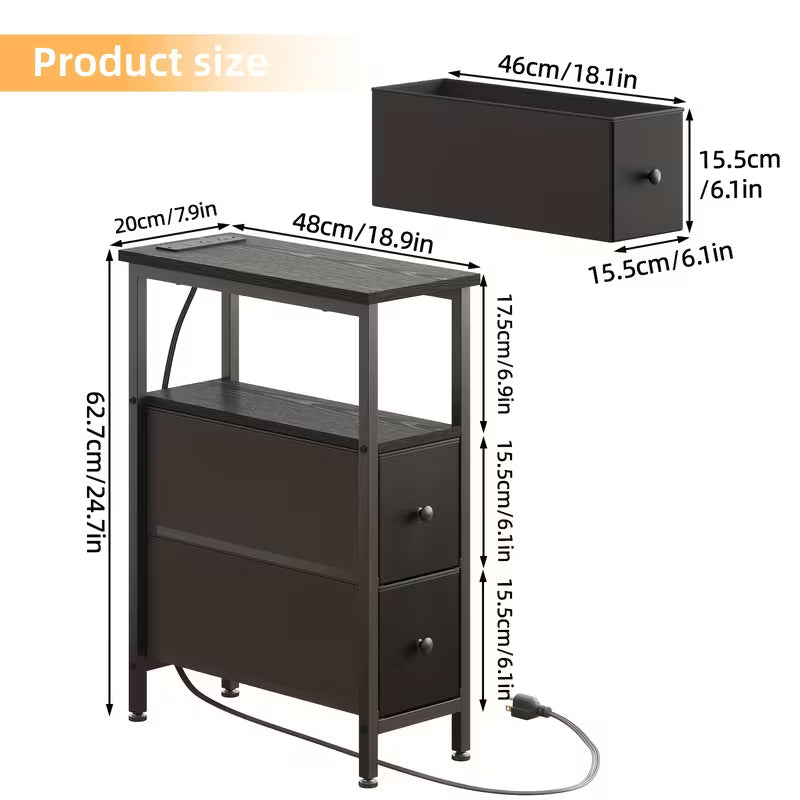 Narrow Nightstand with Charging Station & 2 Fabric Drawers | Fixwal