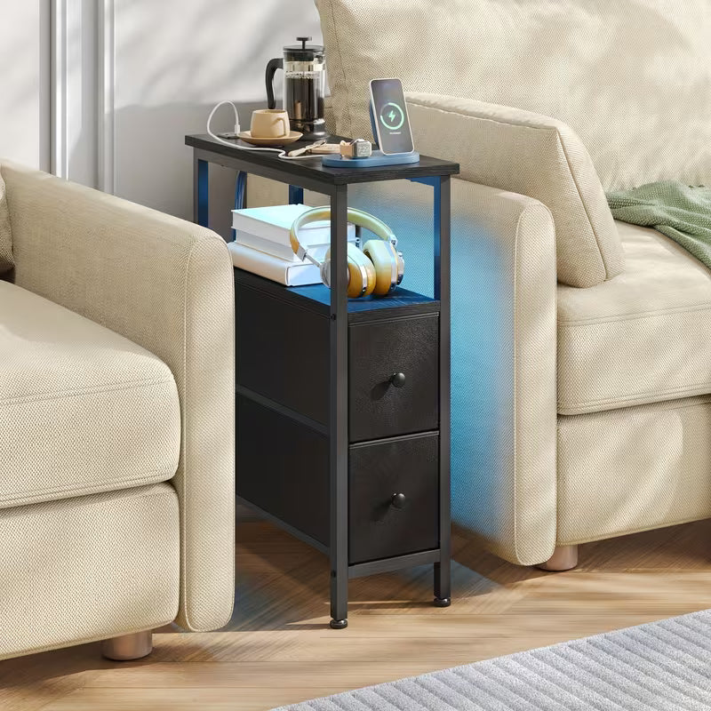 Narrow Nightstand with Charging Station & 2 Fabric Drawers | Fixwal