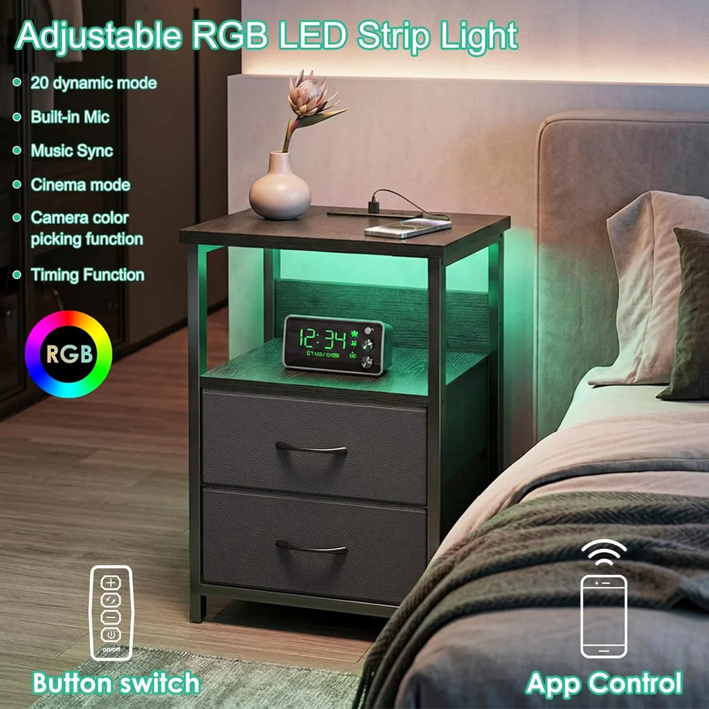 Black Nightstand Set of 2 with Charging Station, RGB LED & 2 Fabric Drawers
