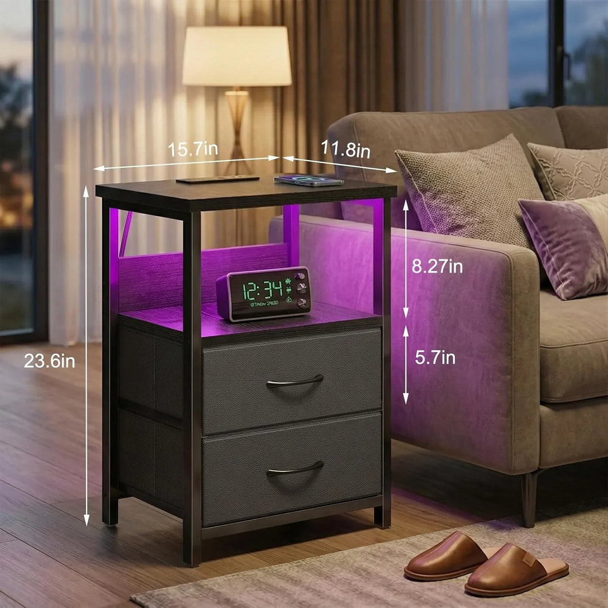 Black Nightstand Set of 2 with Charging Station, RGB LED & 2 Fabric Drawers