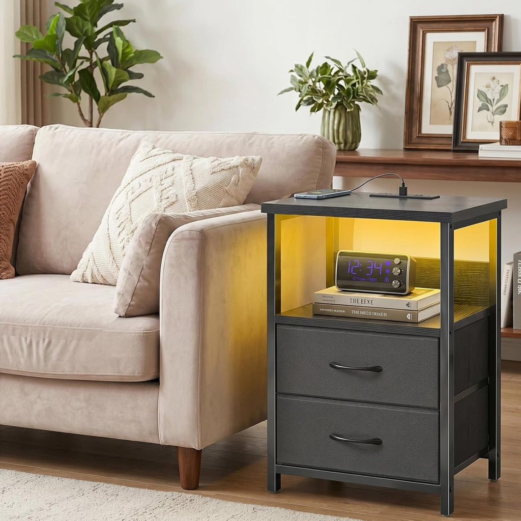 Black Nightstand Set of 2 with Charging Station, RGB LED & 2 Fabric Drawers