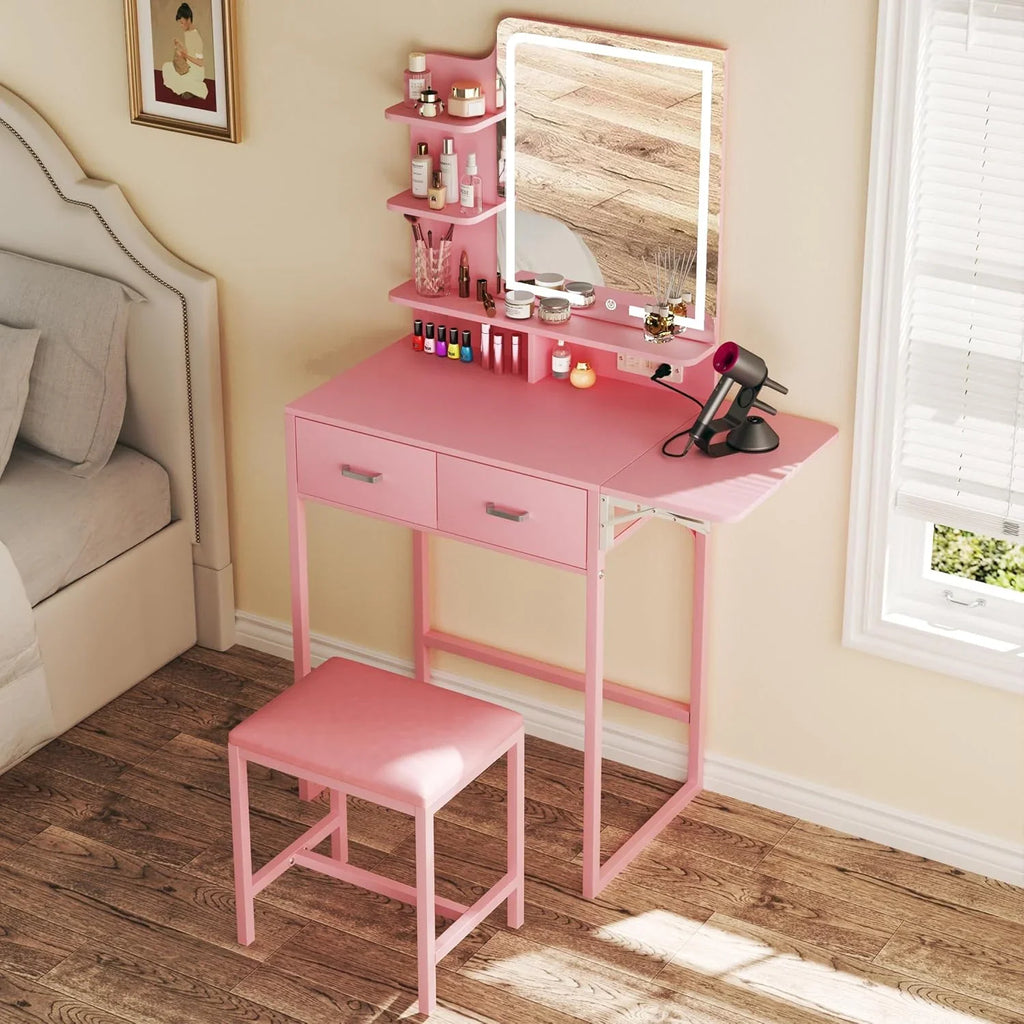 Fixwal 3-in-1 Compact Makeup Vanity Desk with Foldable Side Panel, LED Mirror & Power Outlet
