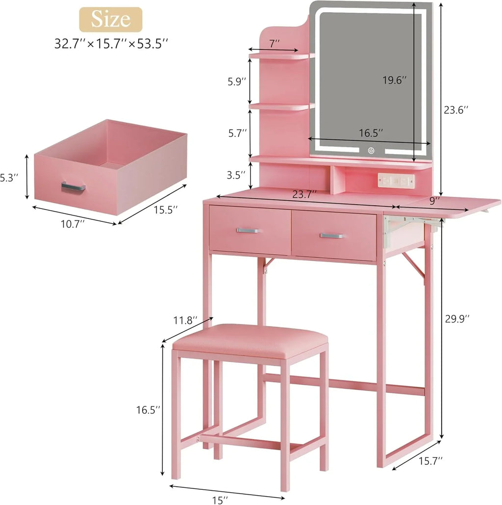 Fixwal 3-in-1 Compact Makeup Vanity Desk with Foldable Side Panel, LED Mirror & Power Outlet