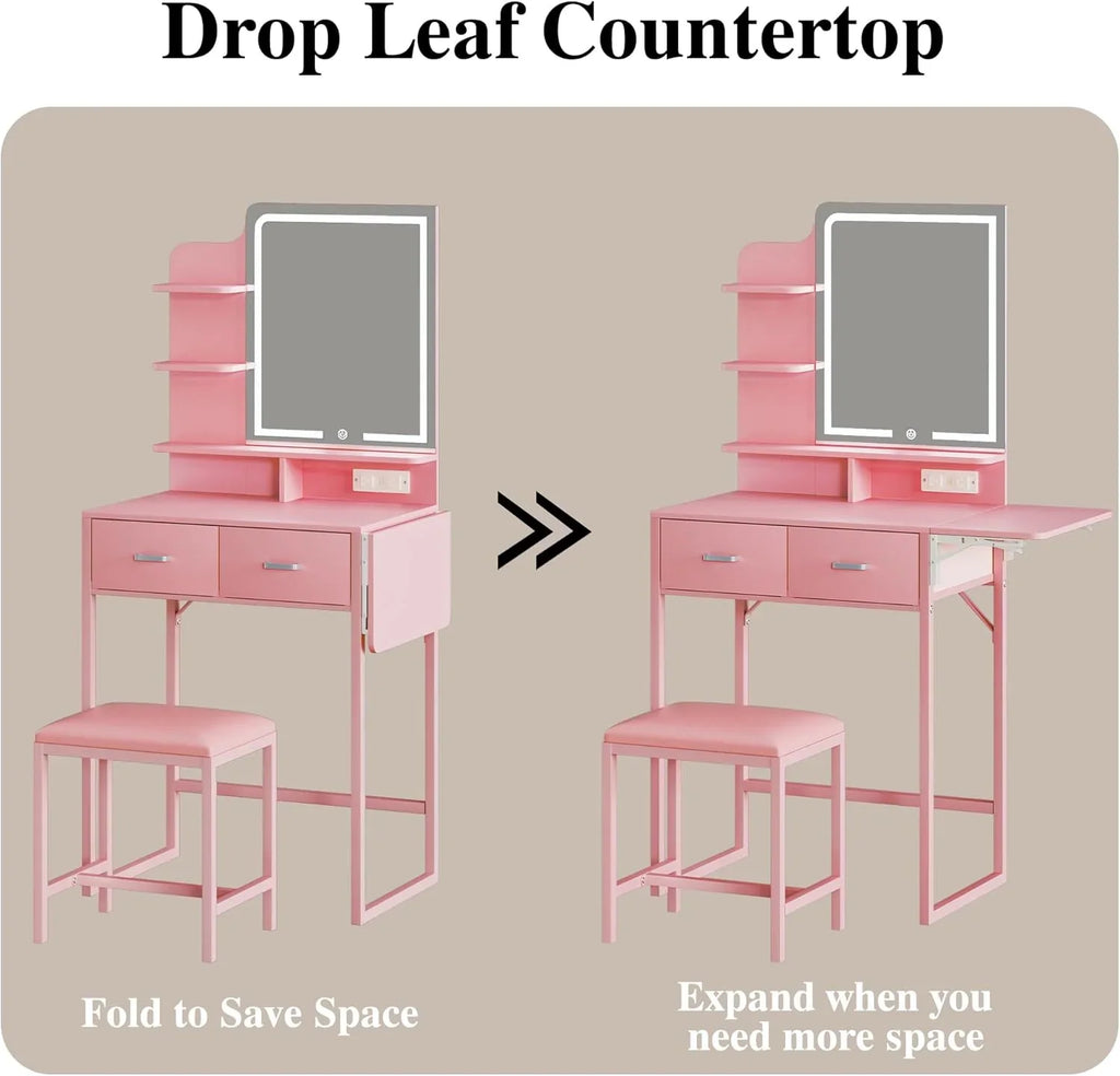 Fixwal 3-in-1 Compact Makeup Vanity Desk with Foldable Side Panel, LED Mirror & Power Outlet