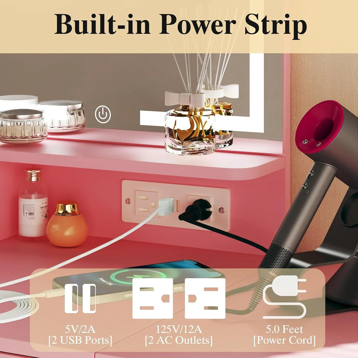 Fixwal 3-in-1 Compact Makeup Vanity Desk with Foldable Side Panel, LED Mirror & Power Outlet