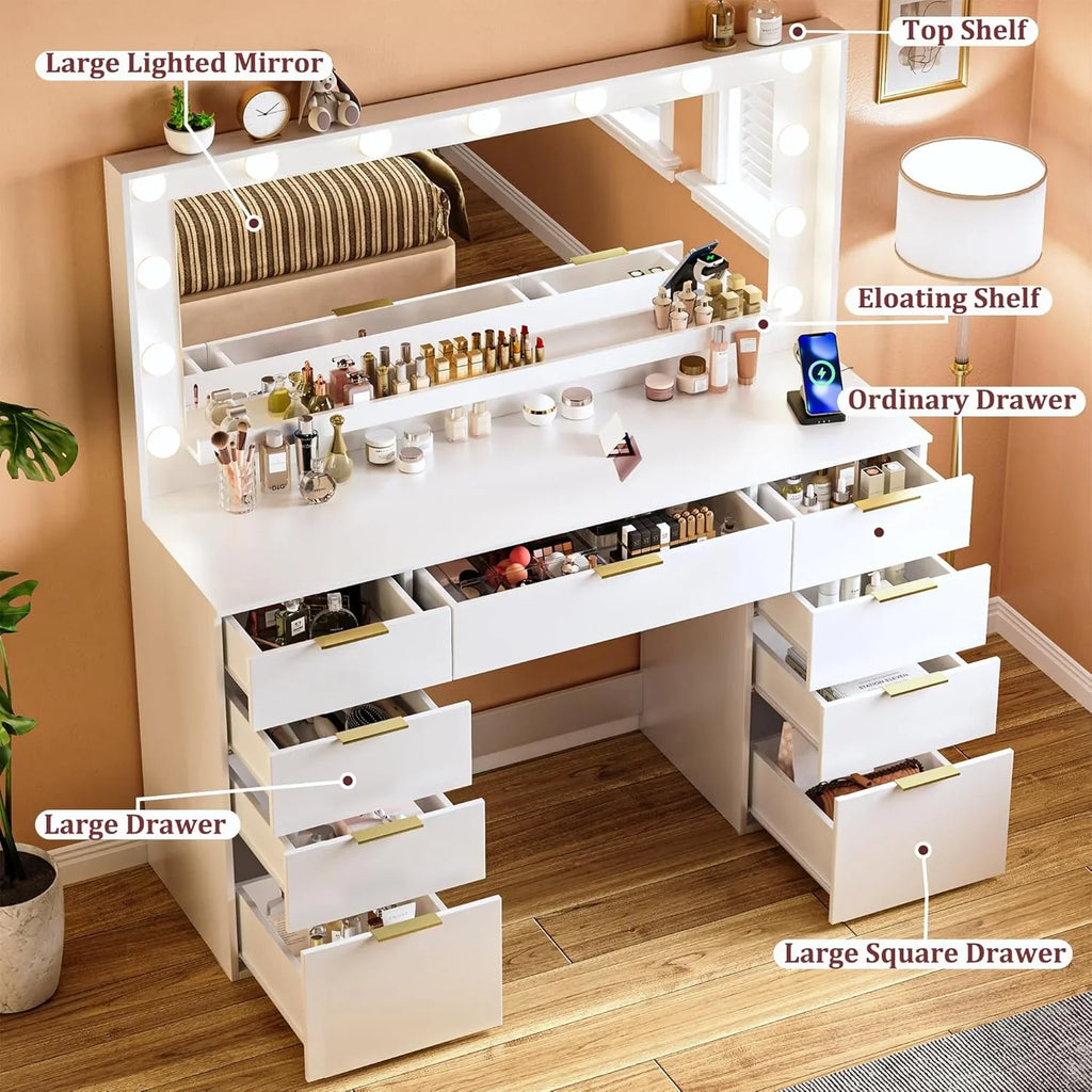 Fixwal 45.3" White Makeup Vanity Table with 9 Drawers, LED Lighted Mirror & Power Outlet