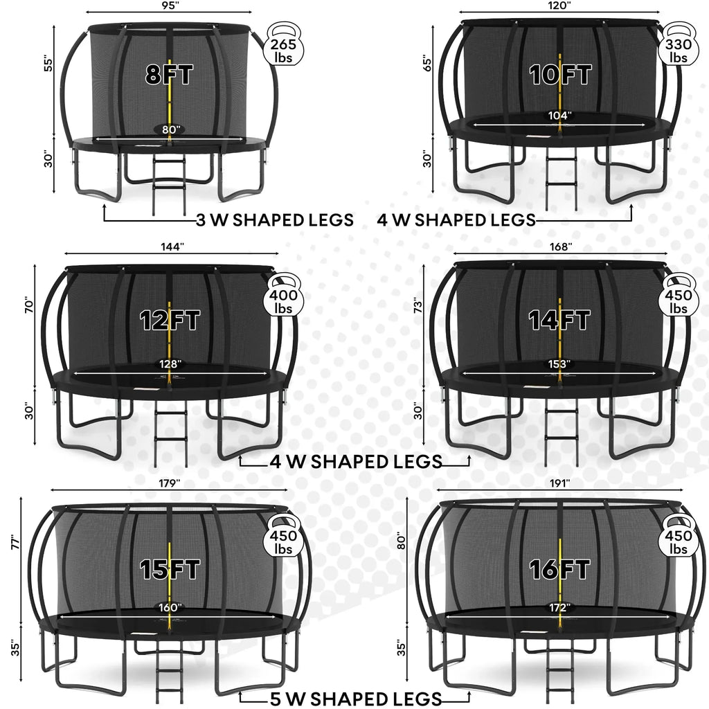 JUMPZYLLA Outdoor Trampoline With Enclosure, 8FT, Black & Blue - 14FT