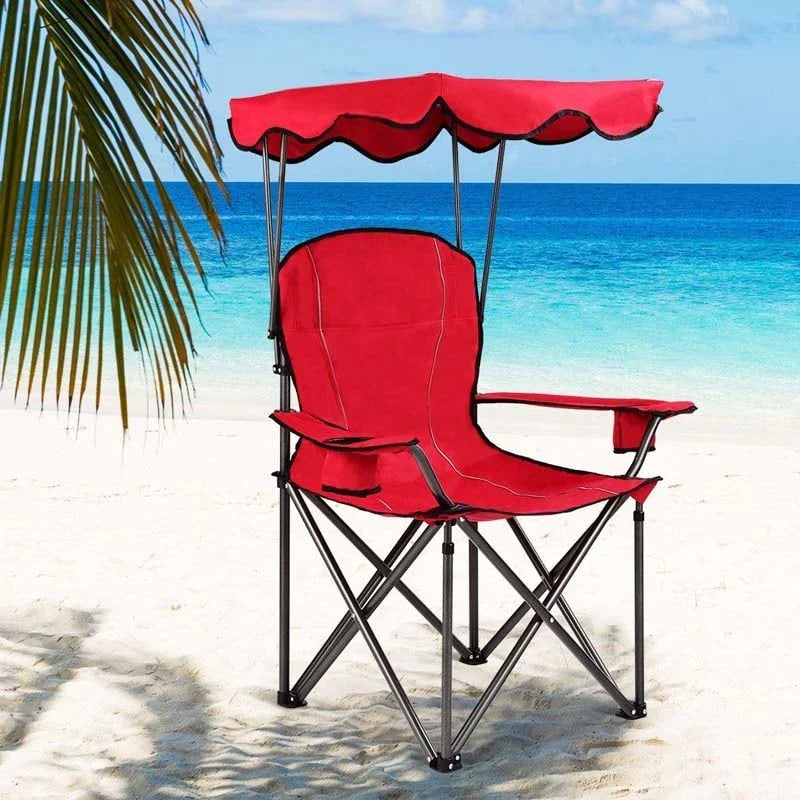 Outdoor Canopy Folding Beach Chair With 2 Cup Holders, 600D PVC Fabric - 38in x 26.5in x 51in