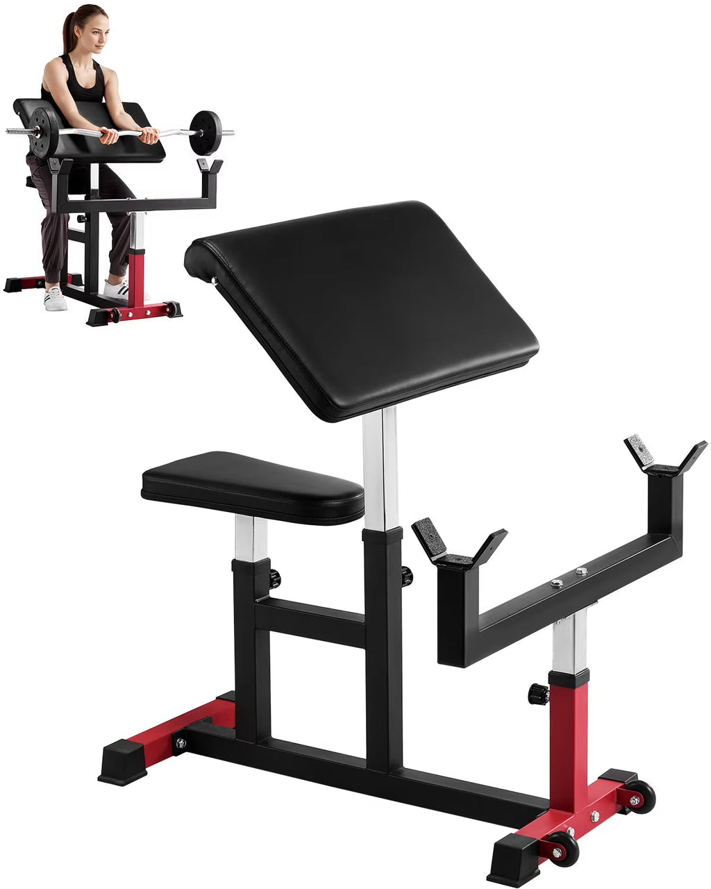 VEVOR Adjustable Preacher Curl Bench, 440 Lbs, Black+Red - AX1010